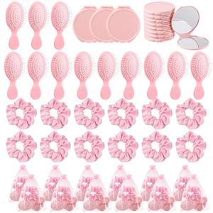 48 Pcs Pink Party Favors, Pink Makeup Party Supplies, Including Hair Brushes, Elastic Scrunchies, Pocket Cosmetic Mirrors, and Organza Bags, Makeup Brush Accessories (48PCS)