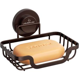 LEVERLOC Soap Dish, Soap Bar Holder for Shower Suction Cup Wall Mounted, Stainless Steel No-Drilling Removable Waterproof Sponge Holder for Bathroom Bathtub Kitchen Sink, Keep Dry, Brown