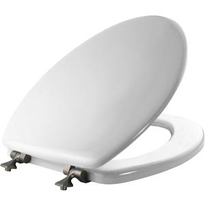 MAYFAIR 1844BNA 000 Toilet Seat with Brushed Nickel Hinges will Never Come Loose, ELONGATE, White - Brushed Nickel