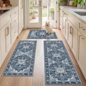 Kitchen Rugs Sets 3 Piece with Runner, Washable Non Slip Soft Boho Kitchen Mats, Low Pile Stain Resistant Carpet for Hallway, Laundry Room, Entryway (20"x32"+20"x48"+20"x59", Navy Blue)
