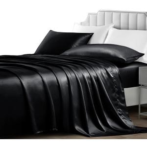 NSGZ Satin Sheets Twin XL - 3 Piece Set with Fitted, Flat Sheet & Pillowcases - Cooling, Extra Soft Satin - Black