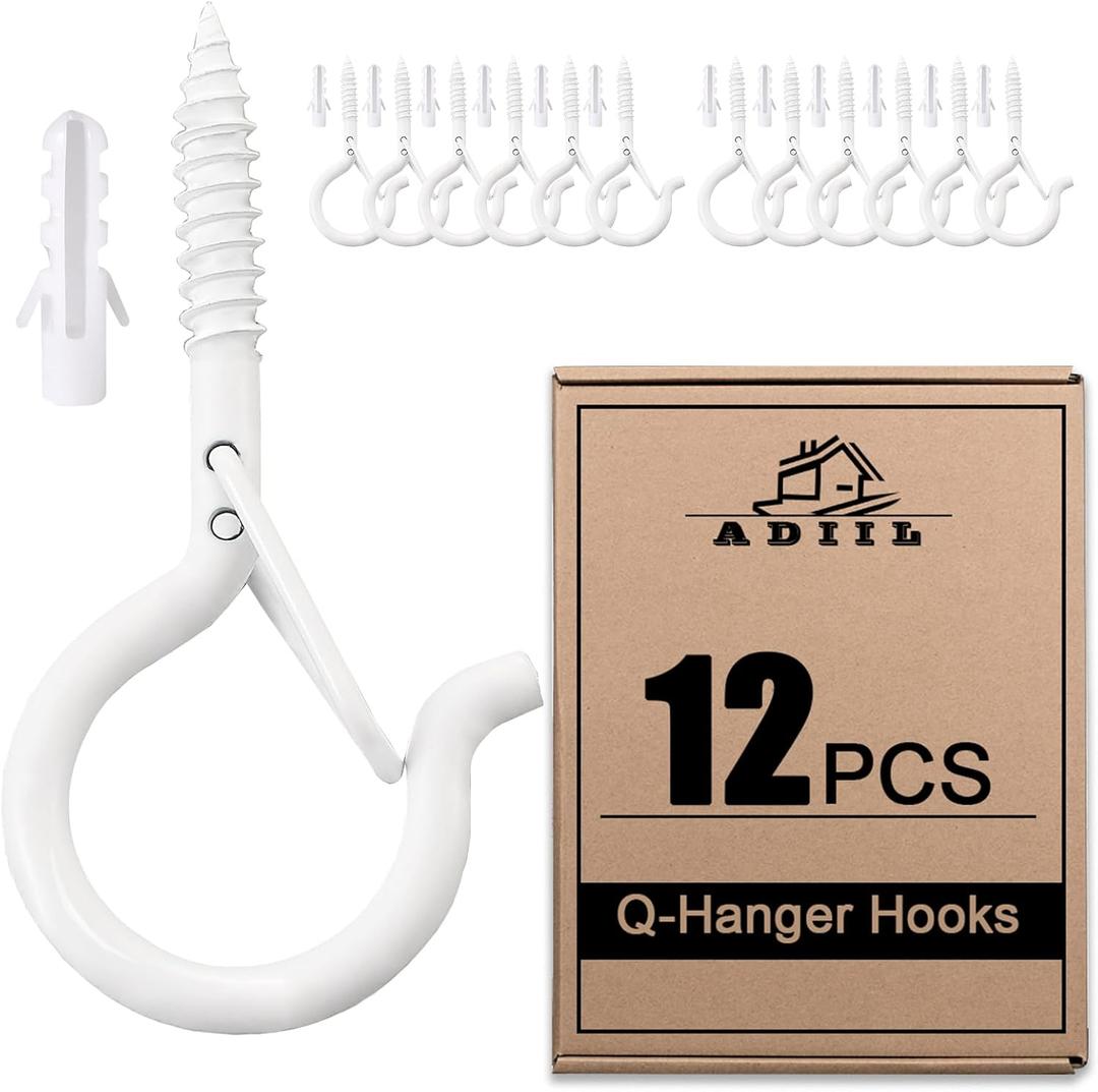 ADIIL 12 PCS Q Hanger Hooks with Safety Buckle, Windproof Screw Hooks for Hanging Outdoor String Lights, Plants, Christmas Patio Lights, 2.2 Inches, White