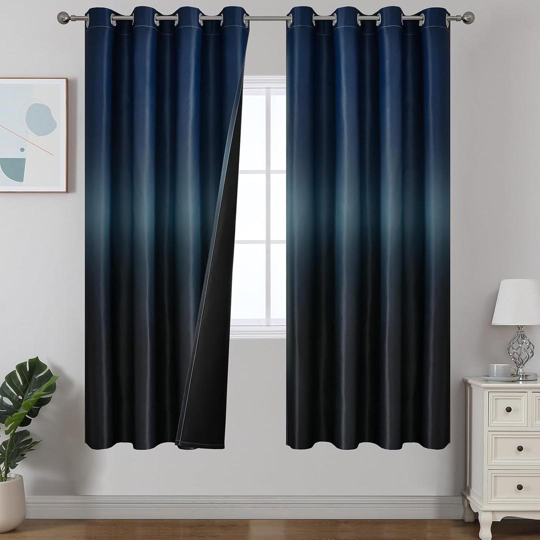 Estelar Textiler Ombre Blackout Curtains for Bedroom 72 Inches Long for Bedroom, Black and Navy Blue Room Darkening Thermal Insulated Grommet Window Drapes for Living Room, 52Wx72L Inch, 2 Panels