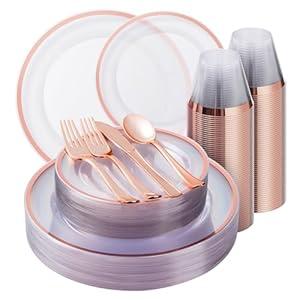 BESTSTAR 175PCS Rose Gold and Clear Plastic Dinnerware Sets for 25 Guests, Include 50 Disposable Party Plates, 50 Forks, 25 Knives, 25 Spoons, 25 Cups