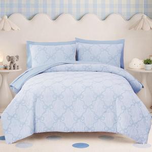 BLOOMHAVEN Queen Comforter Set for Girls, 7 Pieces Blue Bow Bedding Set, All Seasons Bed in a Bag with Sheets, Pillowcases & Shams