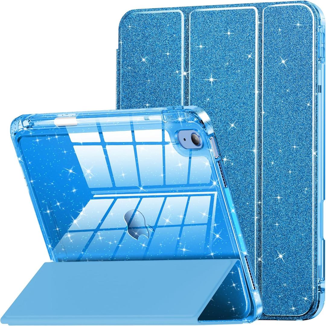 INFILAND Compatible with iPad 10th Generation Case, iPad Case 10th Generation 10.9 Inch, Glitter Leather Cover with Sparkly Crystal Clear Back, Pencil Holder, Anti-Yellowing (Royal Blue)