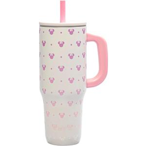 Zak Designs Disney Sutton Travel Tumbler for On the Go or At Home, 40oz Stainless Steel with Vacuum Insulation, Silicone Straw, Carry Handle, and 3D Artwork for Cold Drinks (Minnie Mouse)