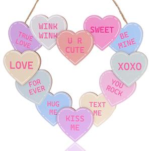 Valentines Day Conversation Heart Door Sign Hanger Valentine's Day Wooden Wreath Happy Valentines Day Decor for Front Door 12 Hearts Pattern Wood Wall Hanging Heart Sign with Ribbon Home Decorations