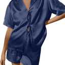 CHYRII Women's Silk Satin Pajamas Sets Tie Front Short Sleeve Tops and Shorts Two Piece Pj Sets Sleepwear (Blue, S)