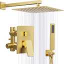 Kurpot Gold Shower System, 10'' Square Rainfall Shower Head with Handheld Combo Spray, Bathroom Brushed Gold Shower Faucet Set with Valve, 59'' Shower Hose, Shower Trim Kit and Diverter, Wall Mounted