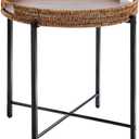 19in Round Rattan Side Table with Wooden TraySmall Round Wicker Wooden End TableRattan End Table for Indoor Use, Living Room, Bedroom, Office, Balcony-Brown