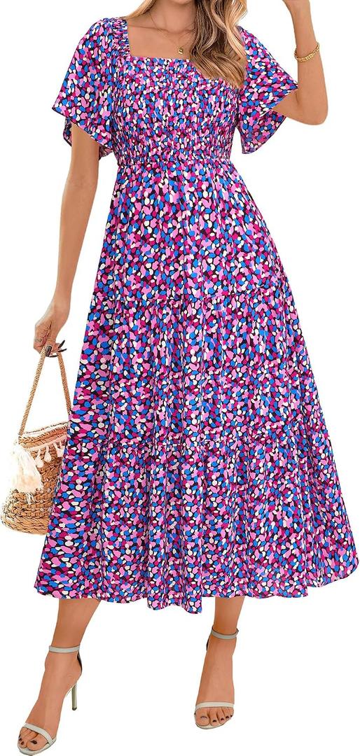 BTFBM Women's Clothing Wedding Guest Dresses Casual Boho Floral Short Sleeve Smocked Maxi Beach Spring Summer Dress 2026 (S)