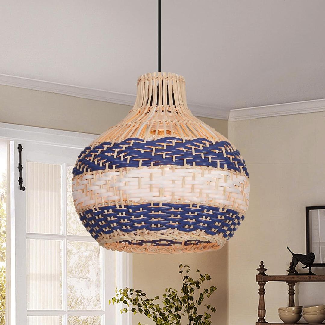 9.8" Rattan Woven Pendant Light, Adjustable Coastal Lamp Shade, Farmhouse Small Chandelier Vintage Hanging Lighting Fixture for Kitchen Island Bedroom Dining Living Room