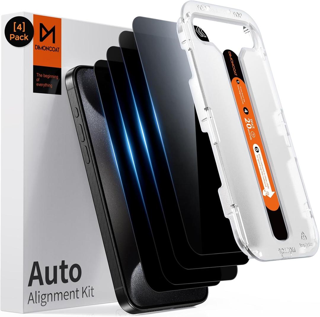 DIMONCOAT 4-PACK Privacy Screen Protector Compatible with iPhone 15 Pro Max [Auto Alignment Kit] [10X Military Protection] 15 Pro Max 6.7 inch Tempered Glass Film [Case Friendly] (iPhone 15 Pro Max-6.7 Inch)