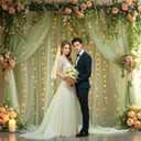 10x10ft Sage Green Tulle Backdrop Curtains with Lights String for Party,Wrinkle Free Sheer Curtain Wedding Photo Backdop Drapes for Baby Shower Birthday Party Photography Home Decorations