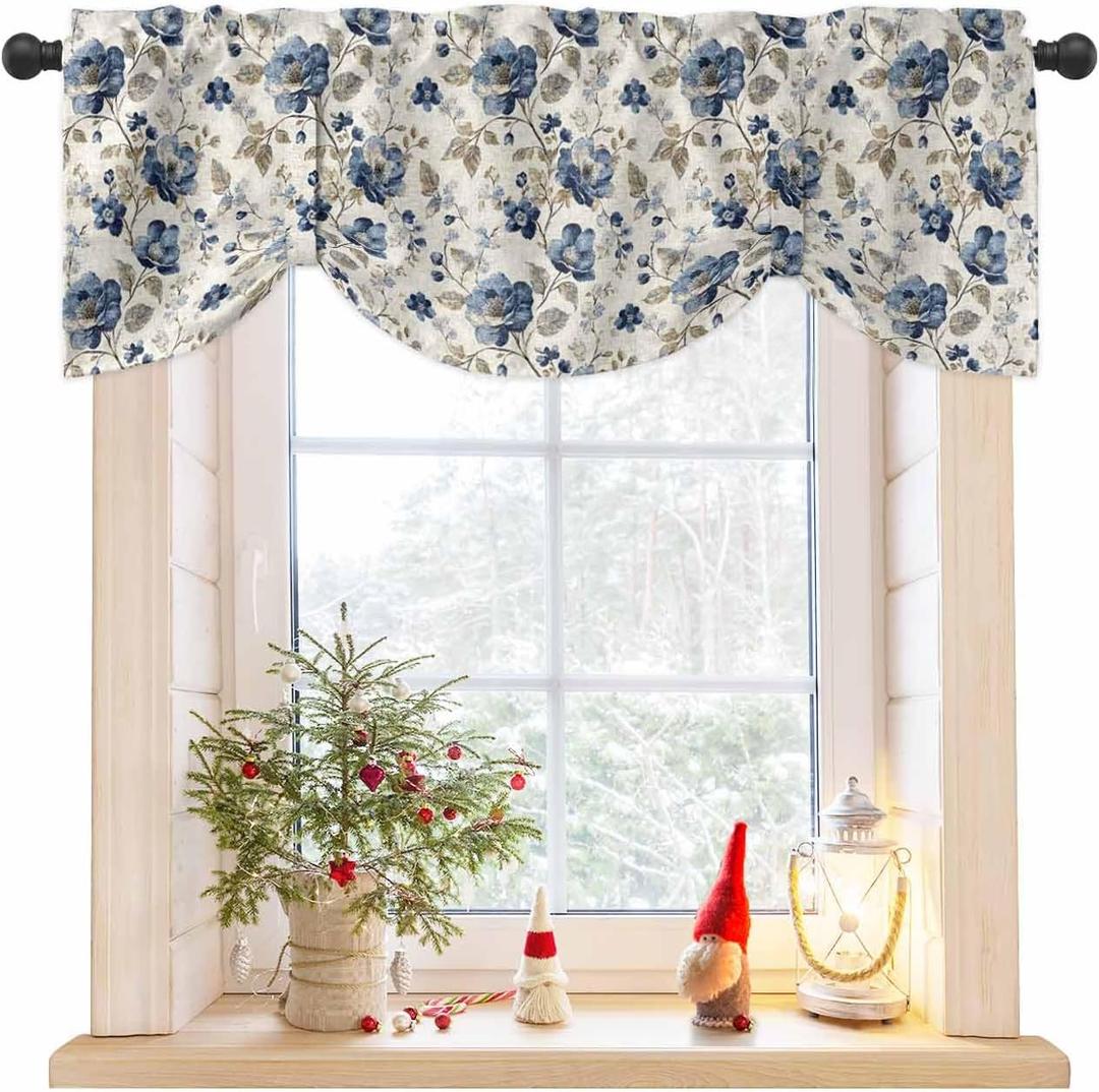 Blue Gray Spring Floral Tie Up Valance for Window, Vintage Botanical Adjustable Balloon Window Shade Valance Curtain for Kitchen Cafe Bathroom Window Treatment Panel 54''x18''