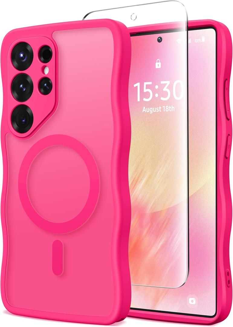 CAPRARO for Samsung Galaxy S25 Ultra Case for Women Girls, Upgraded [Full Camera Protection] [Compatible with MagSafe] Cute Wave Translucent Matte Phone Case for Samsung S25 Ultra, Hot Pink