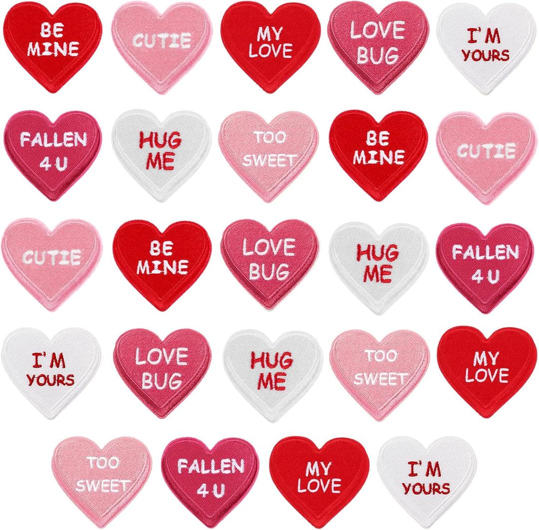24 Pcs Heart Shaped Iron on Patches Love Applique Embroidered Appliques for Clothes Cute Heart Transfers Sew on Fabric Patch for Clothes Jackets Backpack Repairing Decorations (Red, White, Pink)