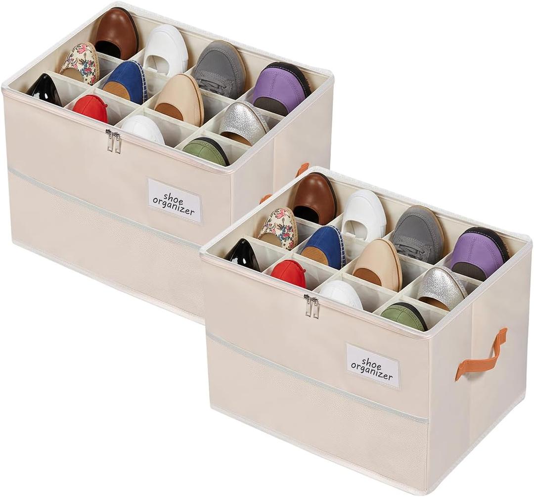 Shoe Organizer for Closet, Foldable Shoe Box Storage Containers with Clear Cover, Smooth Zipper, Reinforced Handles and Bottom Support, Space Saving Shoes Holder, Beige (2, Small)