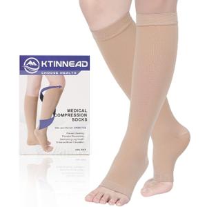 Ktinnead Compression Socks for Women and men 20-30 mmhg, Knee High Graduated Compression Stockings, Opaque, Open Toe, Unisex, Beige, XX-Large
