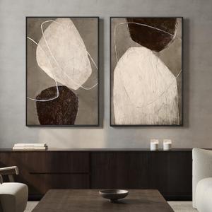 Framed Modern Abstract Wall Art for Living Room, Set of 2 Beige Brown Neutral Canvas Artwork for Walls, Large Contemporary Wabi Sabi Minimalist Painting Print for Hallway Bedroom Wall Decor, 24x36 In