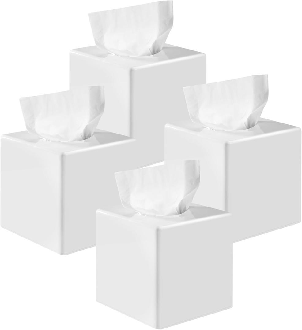 4-Pack White Square Tissue Box Cover with Bottom Lid, ABS Material, 5.1x5.1x5.1 Inch for Home, Office, Hotel, and Restaurant Decor