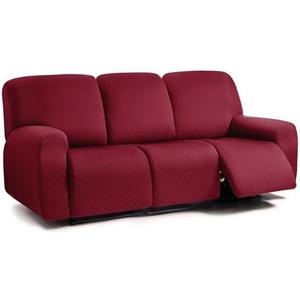 ULTICOR Squared Jacquard Design 8-Pieces Recliner Sofa Covers Stretch Reclining Couch Covers for 3 Cushion Reclining Sofa Slipcovers Thick Soft Washable (3 Seater Recliner Cover, Burgundy - Wine)