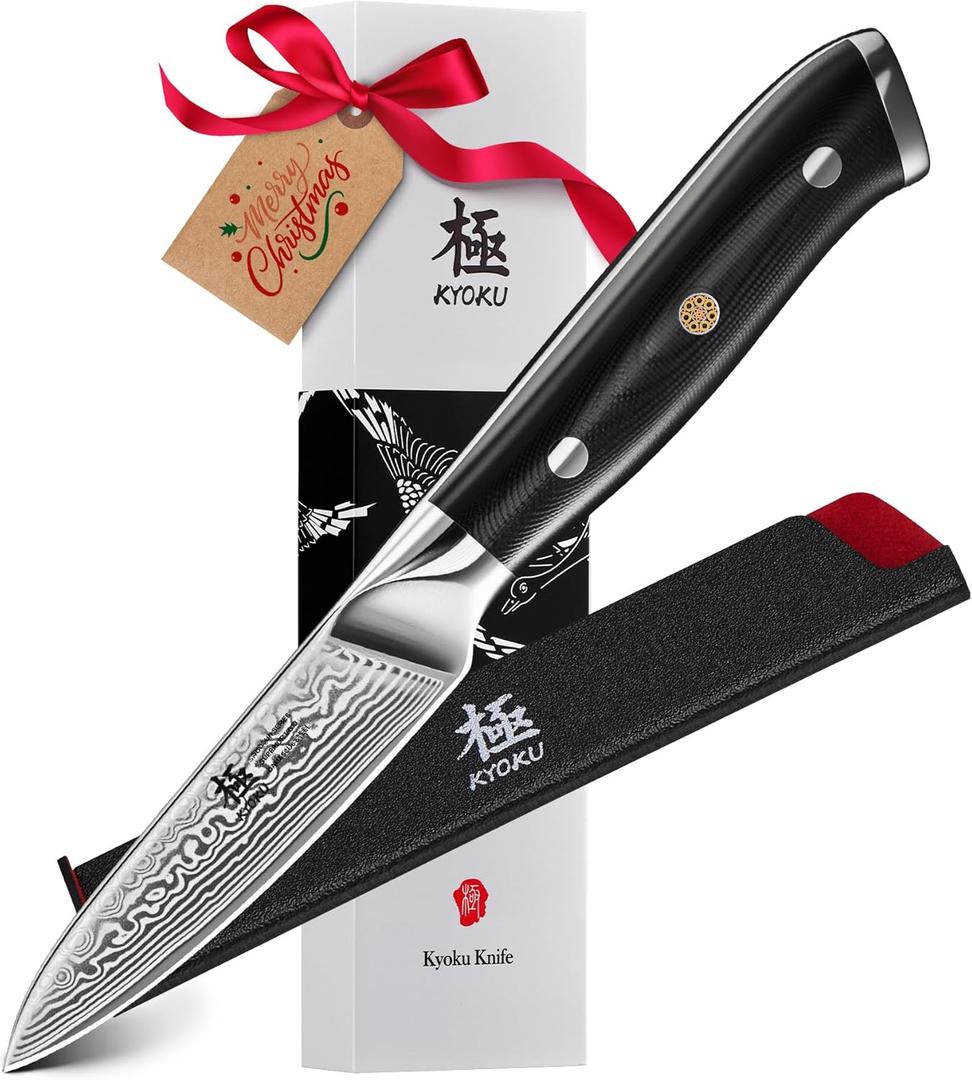 KYOKU Paring Knife - 3.5" - Shogun Series - Japanese Style VG10 Steel Core Damascus Blade - with Sheath & Case
