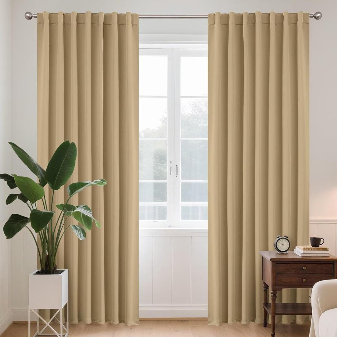 Joydeco White Blackout Curtains 96 Inches Long for Bedroom, Curtains 96 Inch Length 2 Panels Set, Room Darkening Curtains & Drapes for Living Room Window (W52 x L96 Inch, Beige)