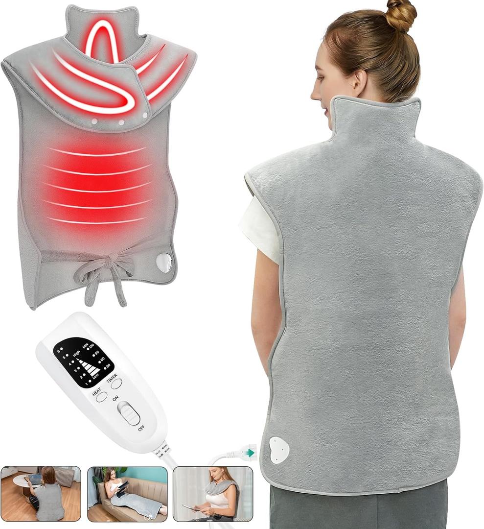 Heating Pad for Back Pain Relief, 22"x 37" Large Heating Pad for Neck and Shoulders, Heat Pad with 6 Heat Settings & 4 Time Settings Auto-Off, Gifts for Women Men Mom Dad (Gray) (37*22 Inch)