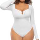 FeelinGirl Shapewear Bodysuit for Women Long Sleeve Tummy Control Body Suits Seamless Thong Body Shaper (X-Large, White)