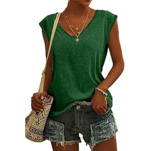 SOUWINEMYI Womens Cap Sleeve T Shirts V Neck Casual Tops Oversized T-Shirt Summer Trendy Lightweight Loose Fit Basic Tees (Green, M)