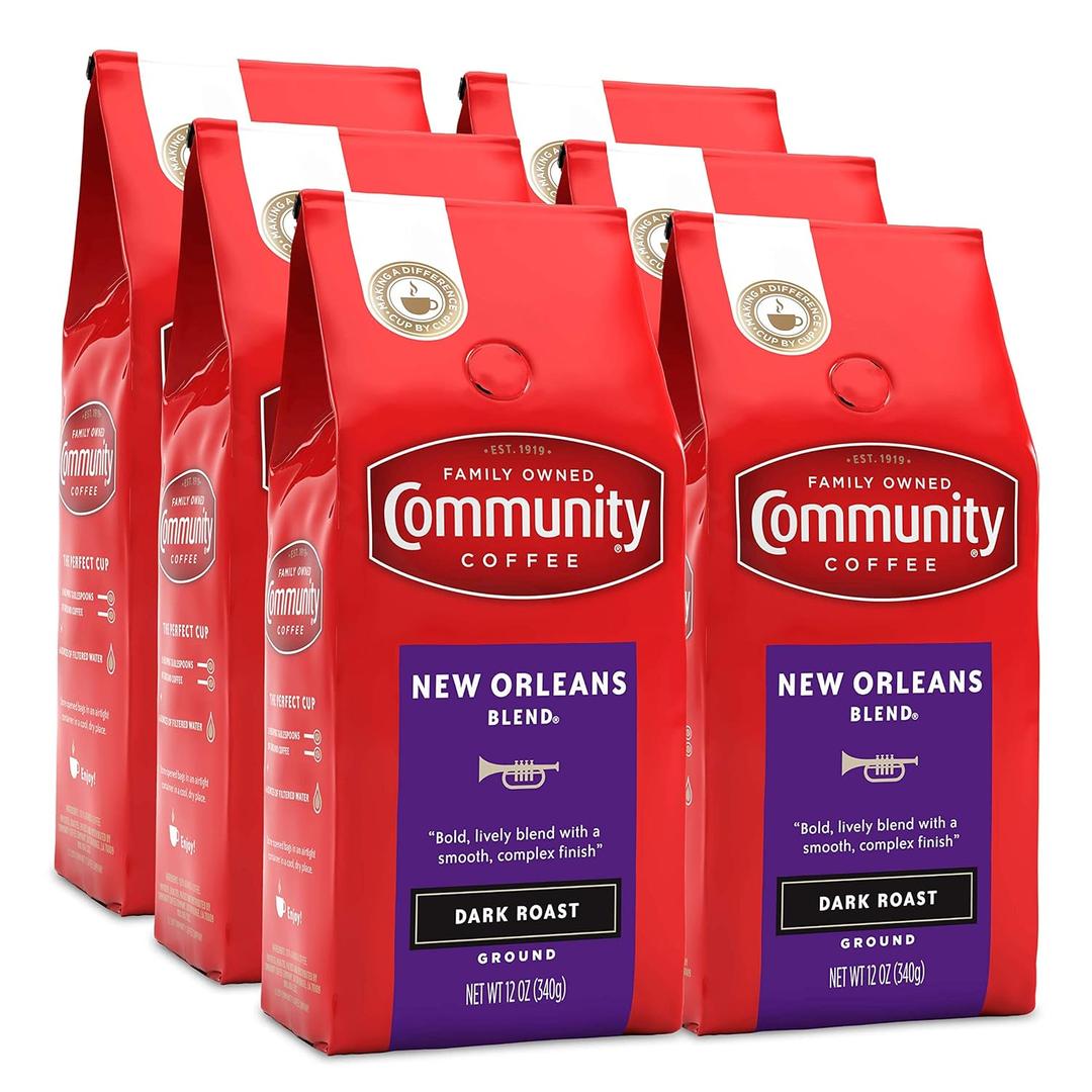 Community Coffee New Orleans Blend 72 Ounces, Special Dark Roast Ground Coffee, 12 Ounce Bag (Pack of 6) (EXP 07/24/25)
