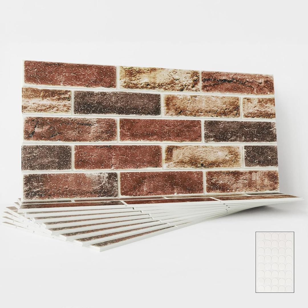 3D Wall Panels Brick Peel and Stick 26.7"x13.4"-10 PCS - Red Faux Bricks Self Adhesive Waterproof Wall Decor Outdoor - Foam Walls Panel Faux Stone Tile for Backsplash Fireplace Kitchen Decorative