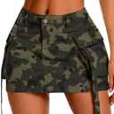 ELLEVEN High Stretch Denim Cargo Skirt for Women, Low Waist Y2k Mini Jean Skirt Cute Skirt with Pockets (X-Small, Camo)
