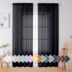 Simplebrand Black Sheer Curtains 84 Inches Long, Light Filtering Rod Pocket Solid Color Window Sheer Curtain Panels, Elegant Curtains & Drapes for Living Room, Bedroom 2 Panels (Black, 42" W x 84" L)