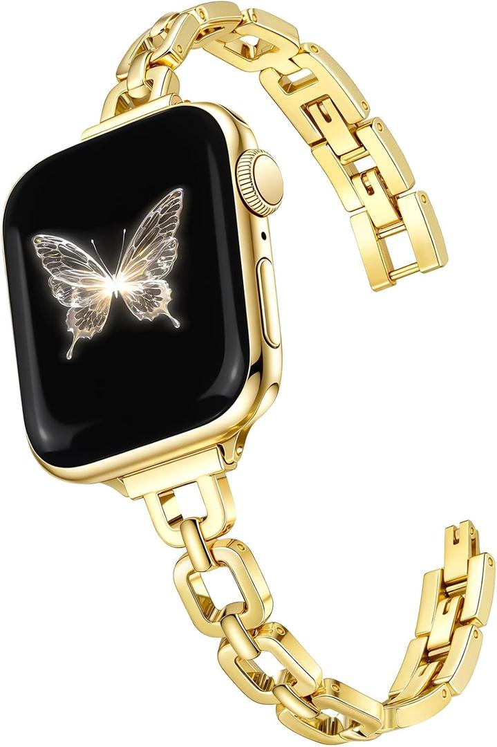 Newlibery Gold Slim Metal Band Women Compatible with Apple Watch 38mm 40mm 41mm 42mm(S10/11) Paperclip Link Chain Bracelet Adjustable Dressy Fancy Strap for iWatch Series 11 10 9 8 7 6 5 4 SE 3 2 1