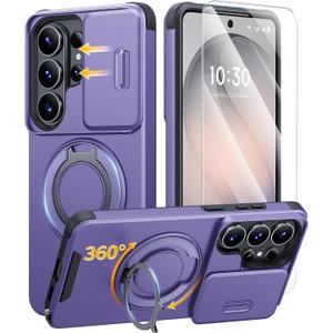 JAME for Samsung Galaxy S26 Ultra Case, Ring Holder Stand Kickstand, Slide Camera Cover with Screen Protector, Dual-Layer Shockproof Protective Magnetic Accessory Friendly S26 Ultra Phone Case, Purple