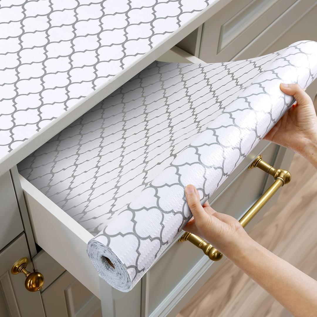 Shelf and Drawer Liner for Kitchen Cabinets Non-Adhesive, Strong Grip Non-Slip Thickened Cabinet Liners for Shelves, Waterproof Mats for Dresser Cupboard, White/Gray, 23 in x 10 Feet