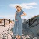 Floral Print V Neck Maternity Dress Boho Baby Shower Photoshoot Smocked Flutter Sleeve Split A Line Dress (Blue, S)