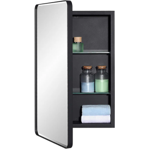 Black Bathroom Mirror Medicine Cabinet with Round Corner Framed Door and Beveled Edge Mirror 15 x 25 inch, Recessed or Surface Mount, with Adjustable Glass Shelves