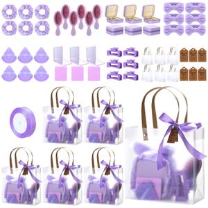 6 Sets Baby Shower Prizes for Winners Gifts Headband Hair Brush Jewelry Box Compact Mirror Powder Puff Hair Tie Claw Gift Bag Bridal Shower(Purple)