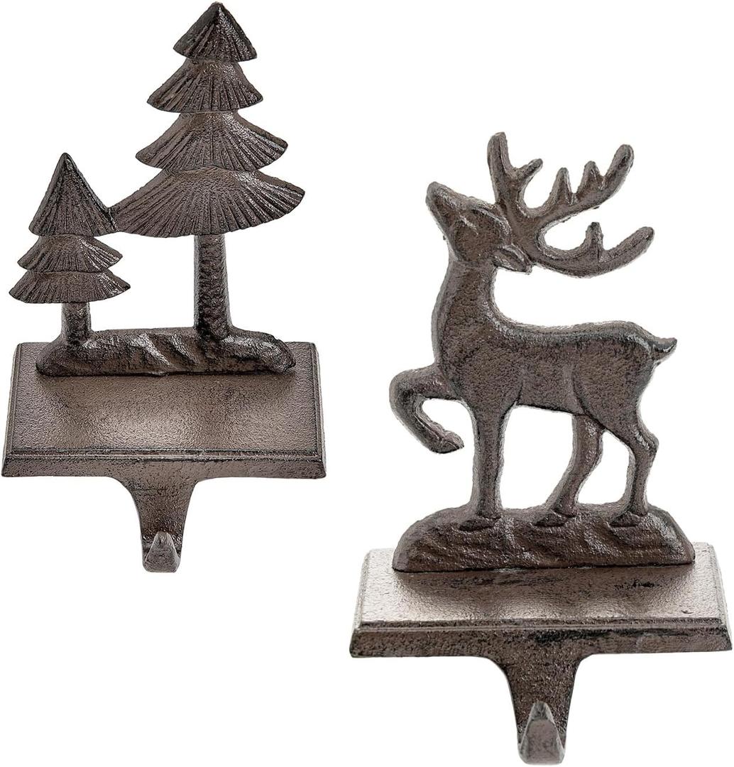 Sungmor Christmas Stocking Holders, 2PC Cast Iron Mantel Hooks Home Decor Holiday Gifts, Heavy-Duty Anti-Slip Fireplace Hangers, Christmas Tree Reindeer Pattern Hooks for Xmas Shelf Topper Decoration