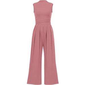 PRETTYGARDEN Womens Summer Jumpsuits Dressy Casual One Piece Outfits Sleeveless Mock Neck Wide Leg Pants Rompers with Pockets (Pink, S)