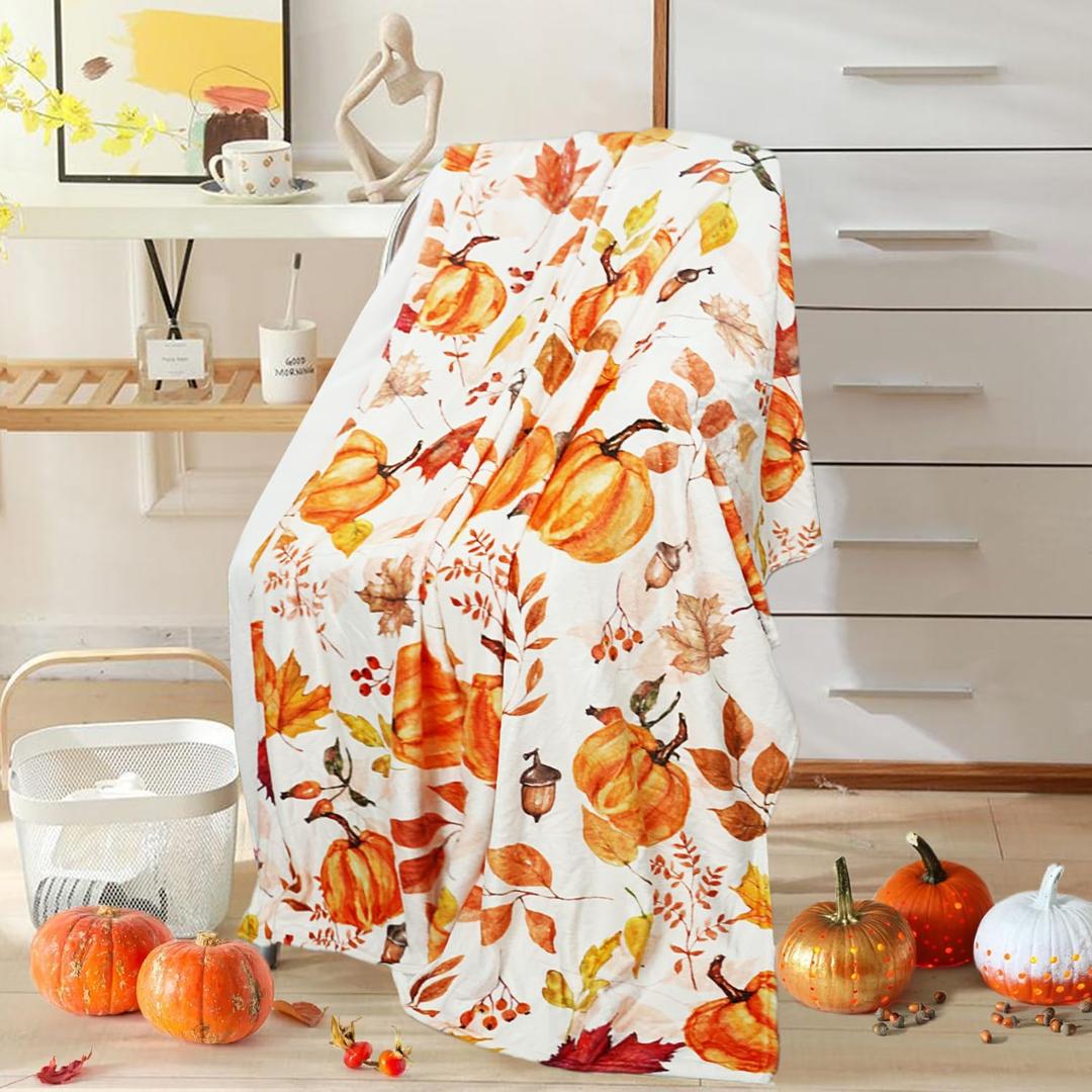 Fall Blanket, Orange Thanksgiving Fall Pumpkin Maple Leaf Blanket, Flannel Soft Warm Cozy Blanket for Sofa and Chair 50x60inch