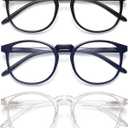 IBOANN Chic & Comfy Blue Light Glasses for Women - 3-Pack Round Frames, Screen-Ready Style with UV Protection Coating (A26 Light Black & Dark Blue & Tranparent)
