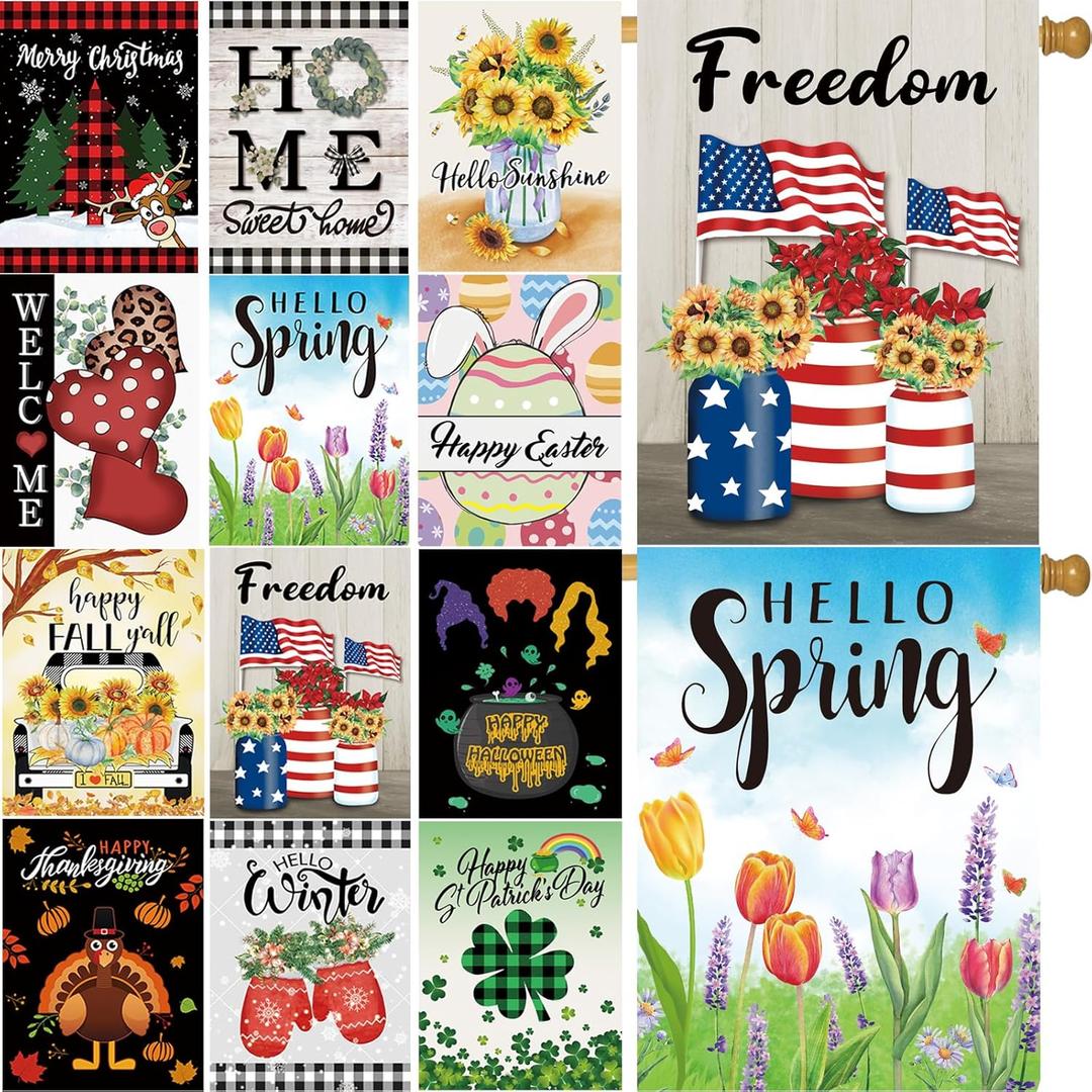 Seasonal Garden Flags Set of 12 Double Sided 28 x 40 Inch Yard Flags, Large House Flags for Outside, Fall Winter Halloween Christmas Outdoor Flags, Holiday Garden Flags for All Seasons