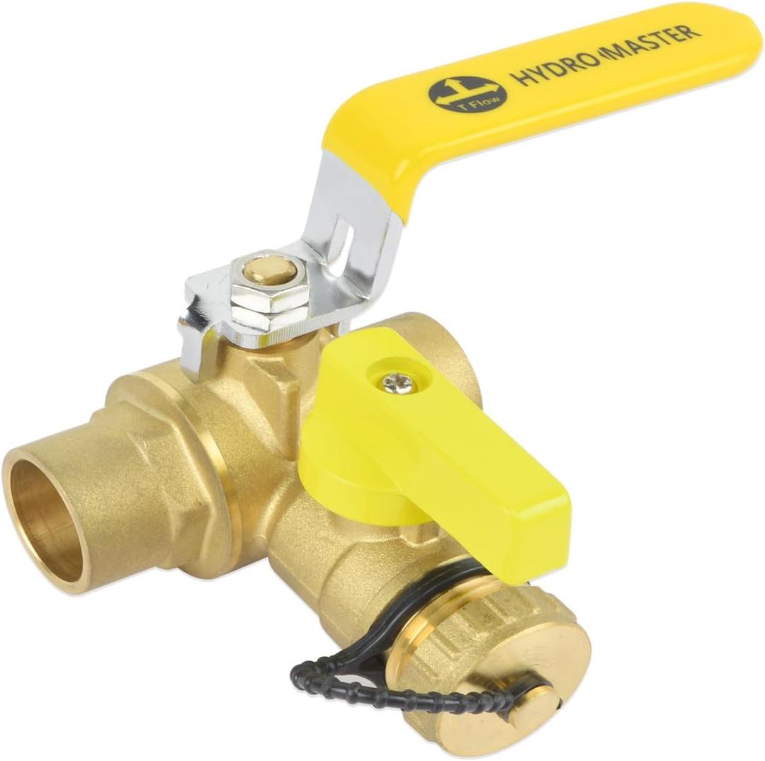 HYDRO MASTER 3/4" Sweat Full Port Ball Valve w/Drain & Reversible Handle, Lead-Free Brass, 3/4 Inch T-Flow, Sweat Connection
