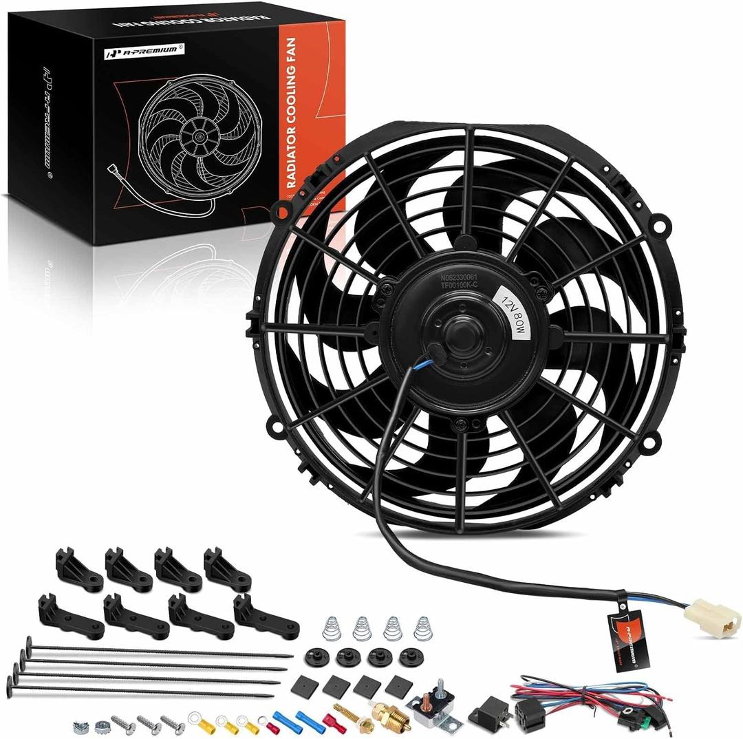 A-Premium 10'' 10 inch Electric Radiator Fan 900 m/h, 12V 80W with Thermostat Wiring Switch Relay Kit