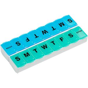 EZY DOSE Weekly (14-Day) Pill Organizer, Vitamin and Medicine Box, Large Snap Compartments, Easy-To-Open, BPA Free, Blue and Green